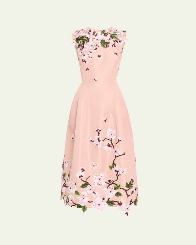 Cherry Blossom Embroidered Faille Sleeveless Cocktail Dress